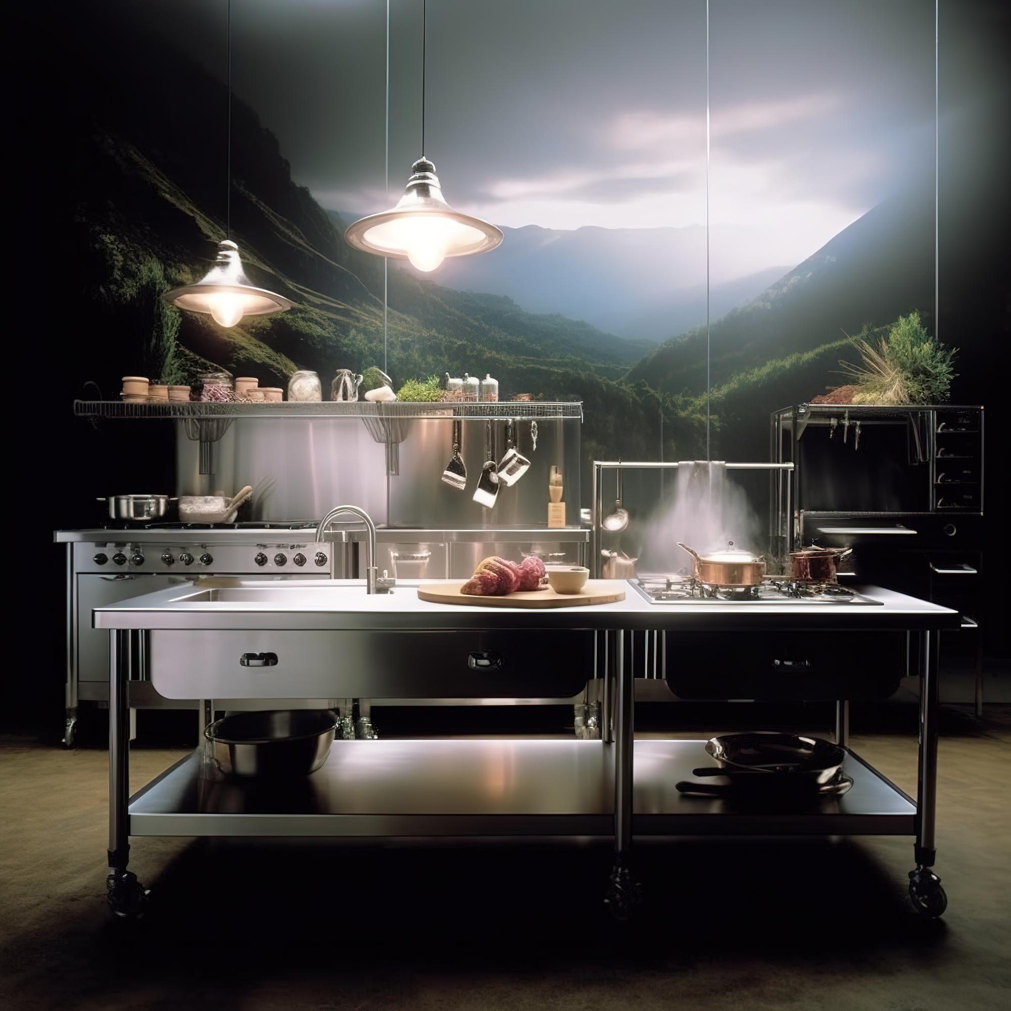 Compact studio kitchen with stainless tools and neon accents