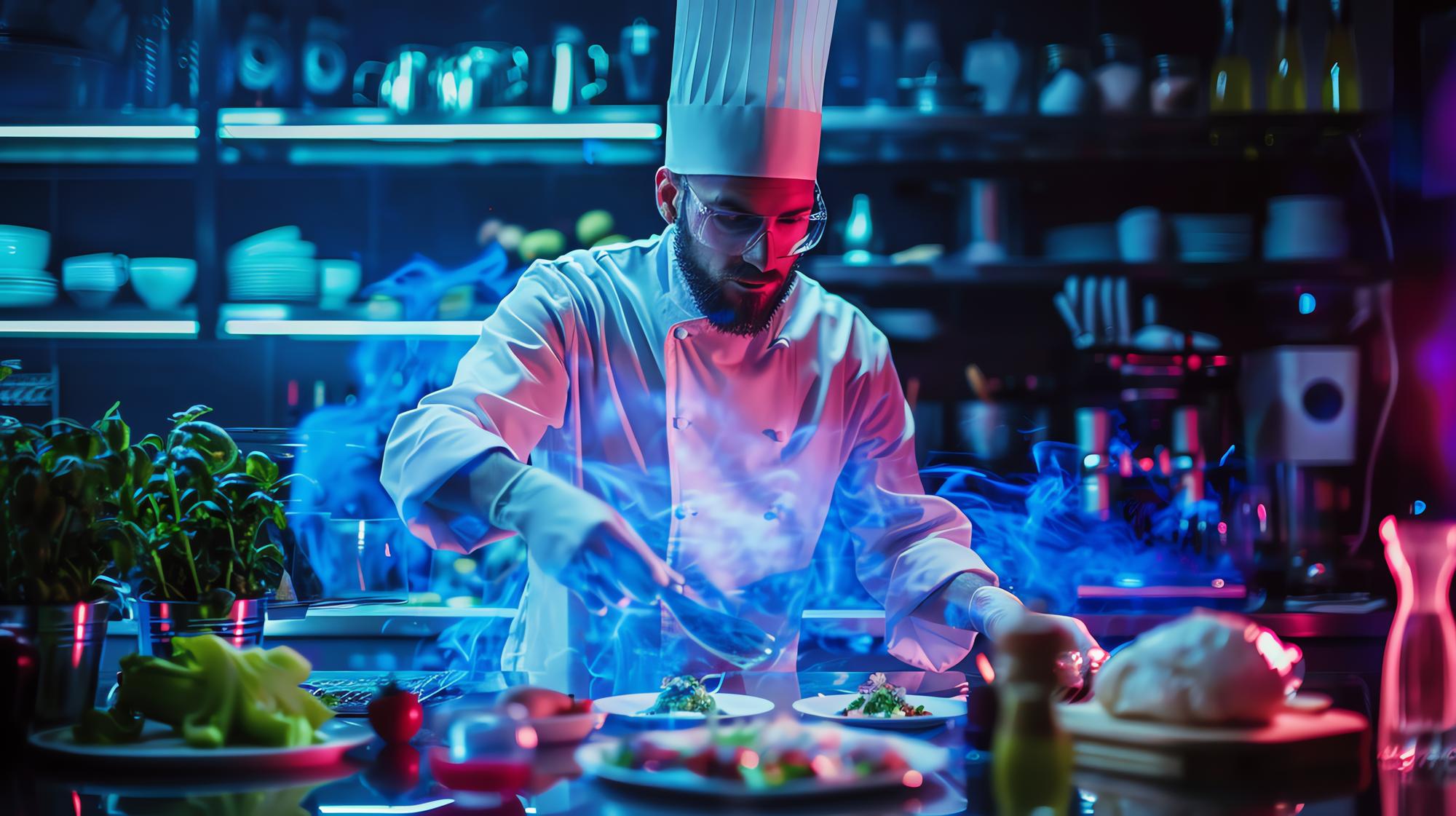 Instructor plating a modern dish with neon lighting